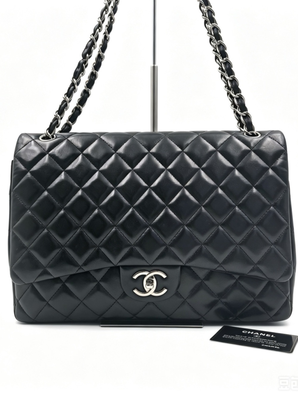 CHANEL Black Quilted Lambskin Double Flap Shoulder Bag with Silver Hardware